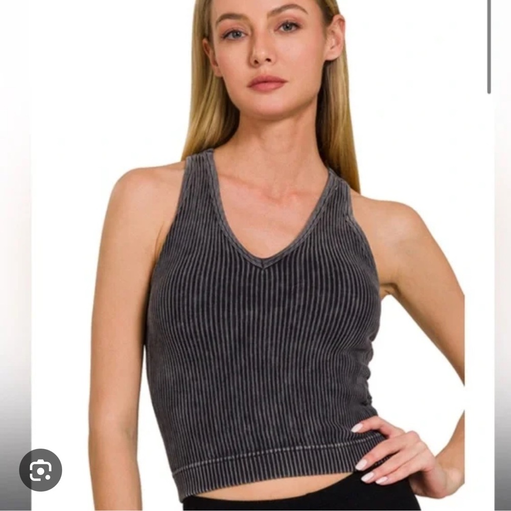 Zenana Outfitters Ribbed V-Neck Crop Tank in Charcoal